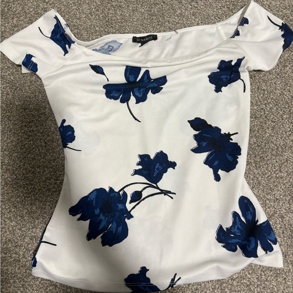 Dynamite White and Blue Floral Off the Shoulder Boat Neck Shirt Top Size Small - Picture 2 of 4